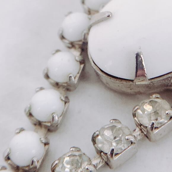 Vintage Mid Century Milk Glass Rhinestone Necklace Earring Set 1950s Jewelry - Picture 15 of 16